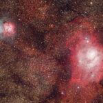 2024-08-27 / M8 (Lagunen-Nebel), M20 (Trifid-Nebel) / Esprit ED100 550mm F5,5 - ASI2600MC -156min / F.Steimer, Farm Rooisand, Namibia